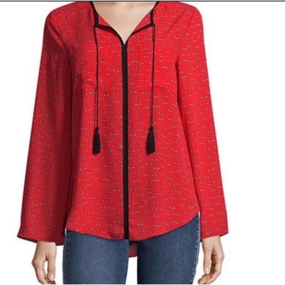 Libby Edelman Red Bumblebee Split Neck Tassel Popover Blouse - Picture 1 of 10
